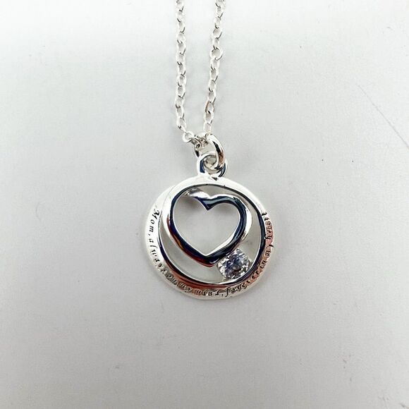 Mom Forever In My Heart Silver Tone Clear Rhinestone Pendant Necklace 17.75” - Picture 2 of 7